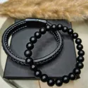 Bransoletka męska czarna talizman amulet ochrona siła + skóra naturalna